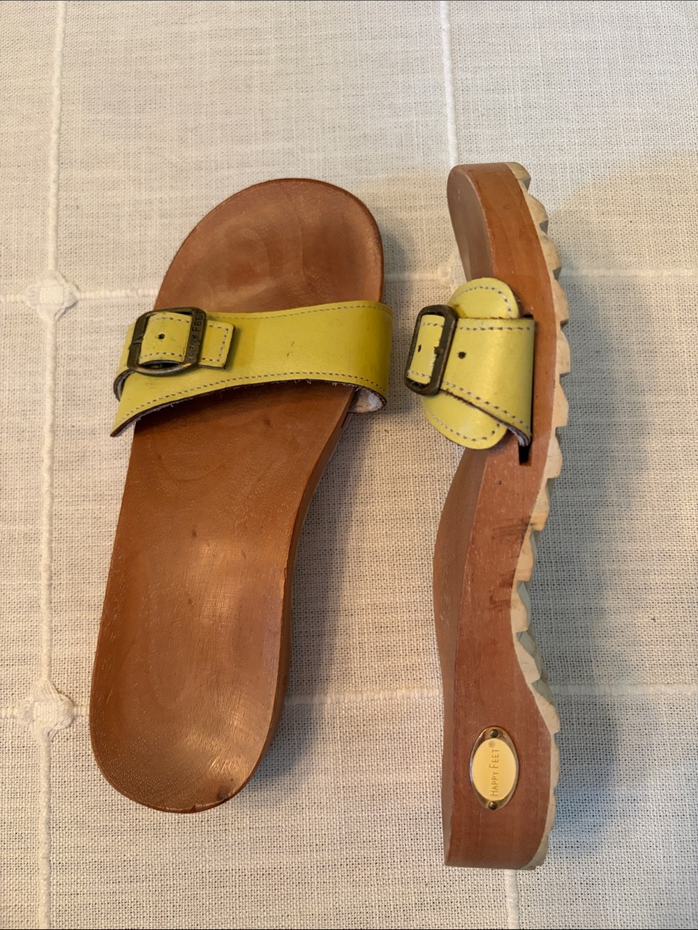 Happy Feet Yellow Leather Buckle Slide Sandals